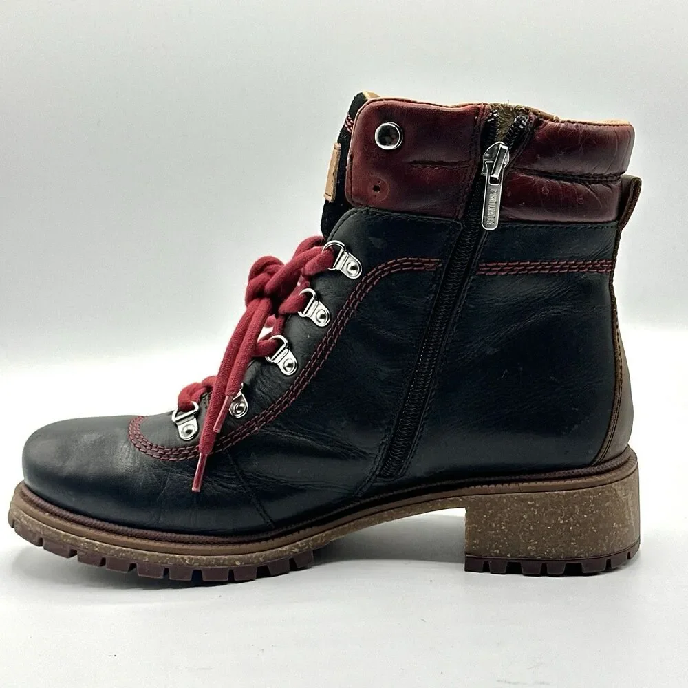 Pikolinos Aspe Leather Boots Womens 7.5-8 EU 38 Black Zip Hiker Red Lace Lug
